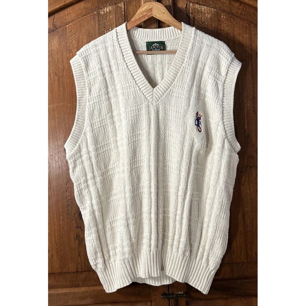 Vintage Jantzen Knit Sweater Vest Men's Large‎ Cream USA Golf Pullover V-Neck EC